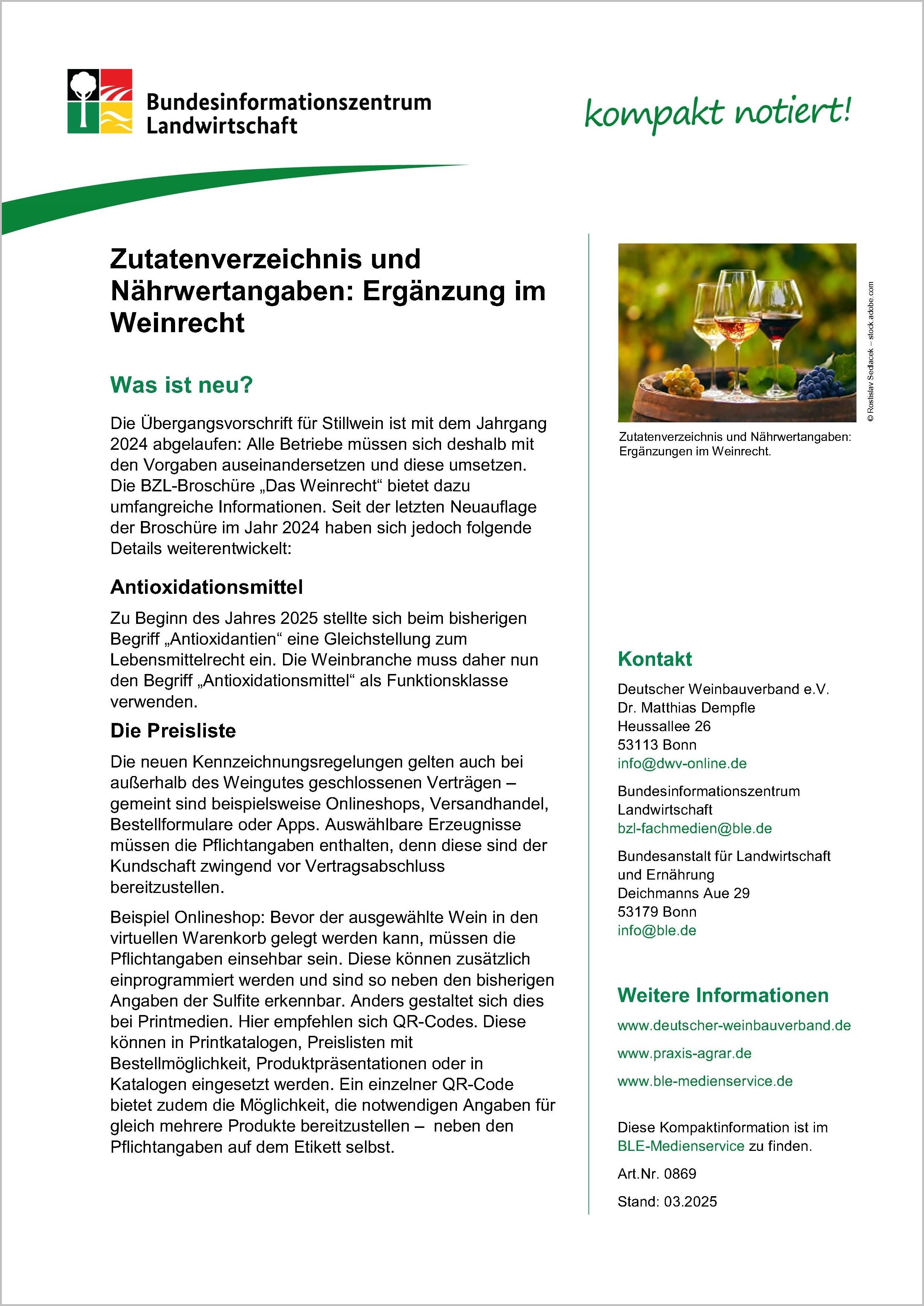 Zutatenverzeichnis und Nährwertangaben: Ergänzung im Weinrecht