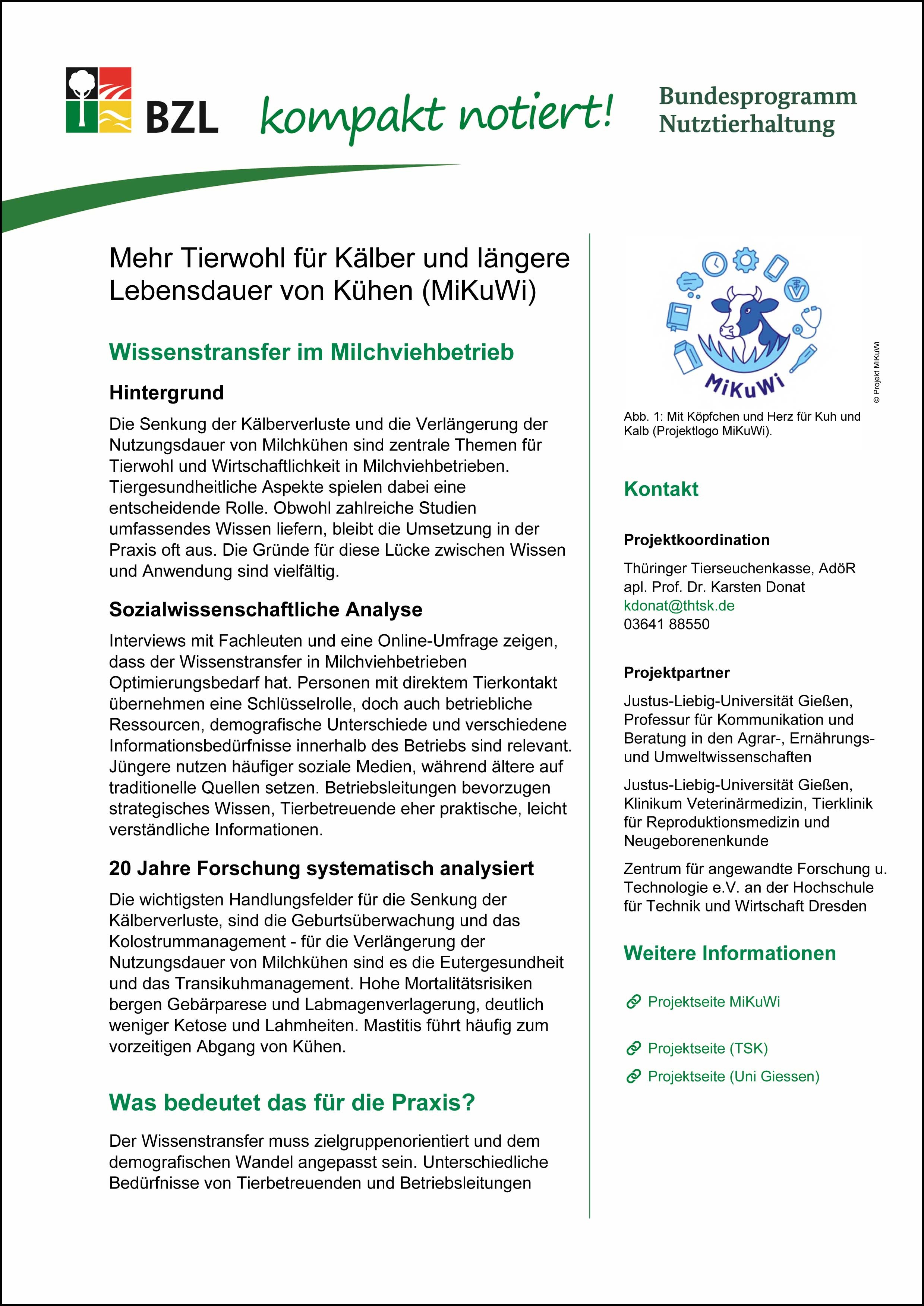 Mehr Tierwohl für Kälber und längere Lebensdauer von Kühen (MiKuWi)