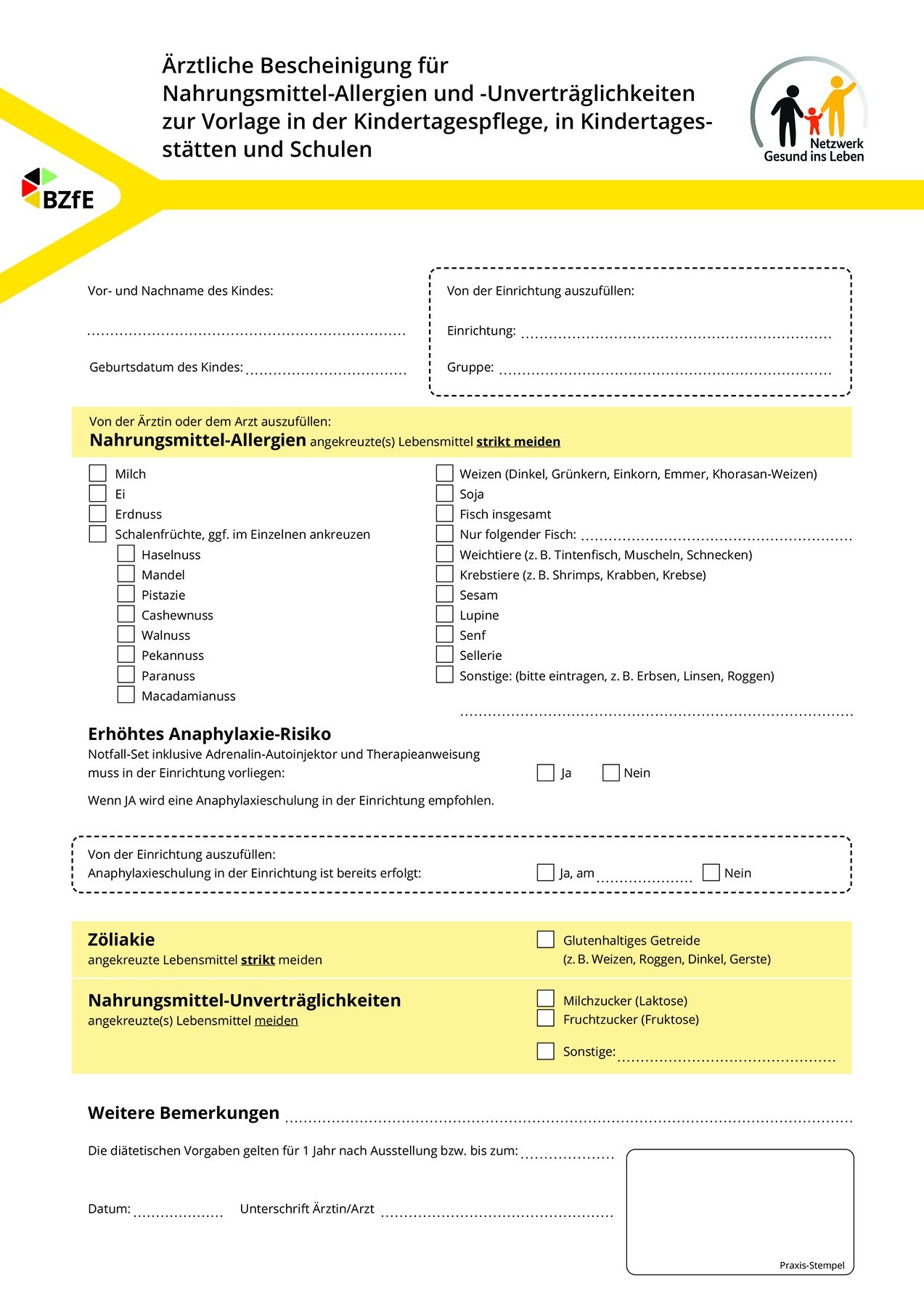 Formular zum Umgang mit Nahrungsmittel-Allergien und -Unverträglichkeiten in der Kita - Abreißblock mit 25 Blättern